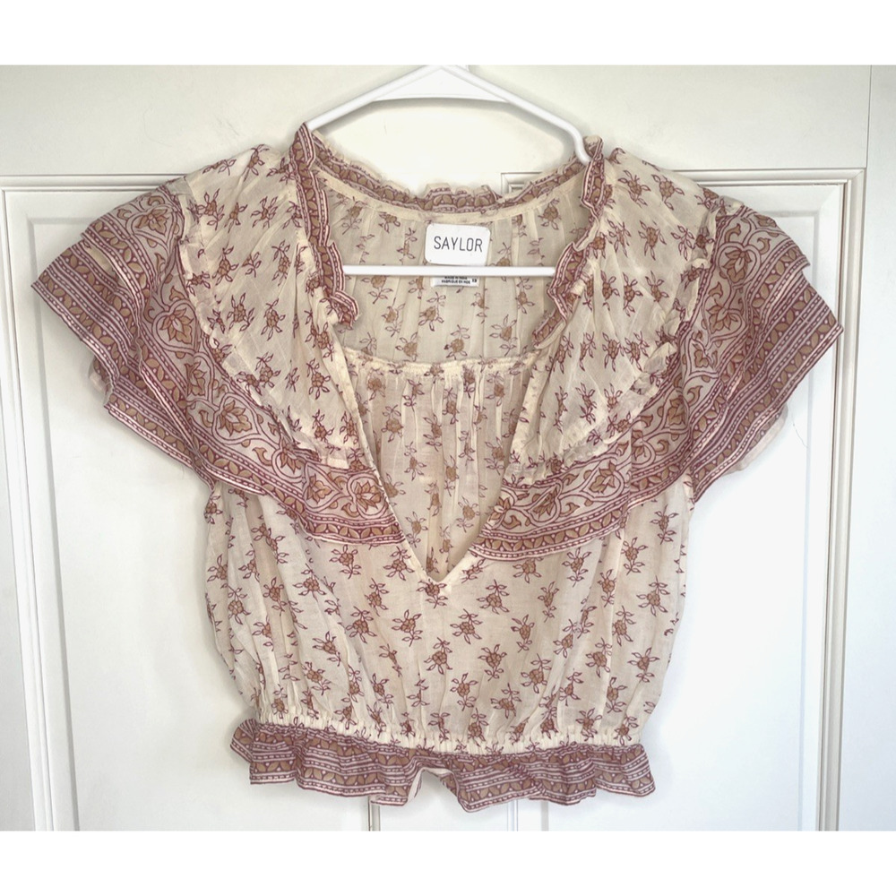 Saylor Women's Jolia Ruffle Cropped Blouse Top Sz XS Peasant Boho Floral